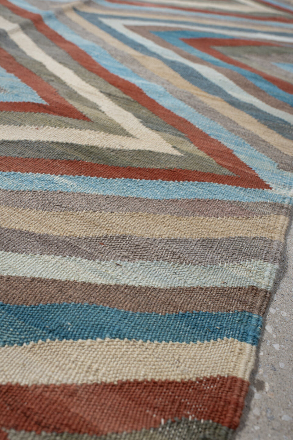 3' x 9' one-of-a-kind handmade vintage Kilim runner rug. Color palette: gray, rust, sky_blue, ivory, taupe, sage, sand