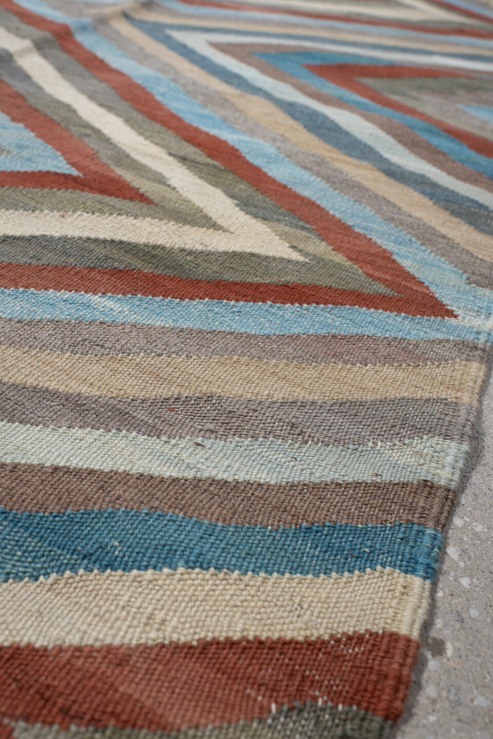 3' x 9' one-of-a-kind handmade vintage Kilim runner rug. Color palette: gray, rust, sky_blue, ivory, taupe, sage, sand