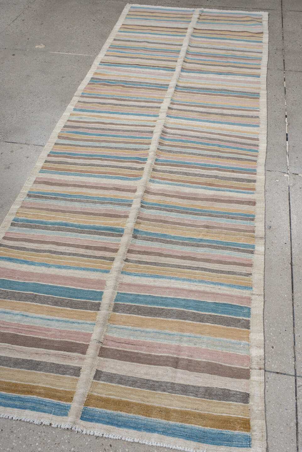 3' x 10' one-of-a-kind handmade vintage Kilim runner rug. Color palette: ivory, taupe, sky_blue, blush, gold, charcoal