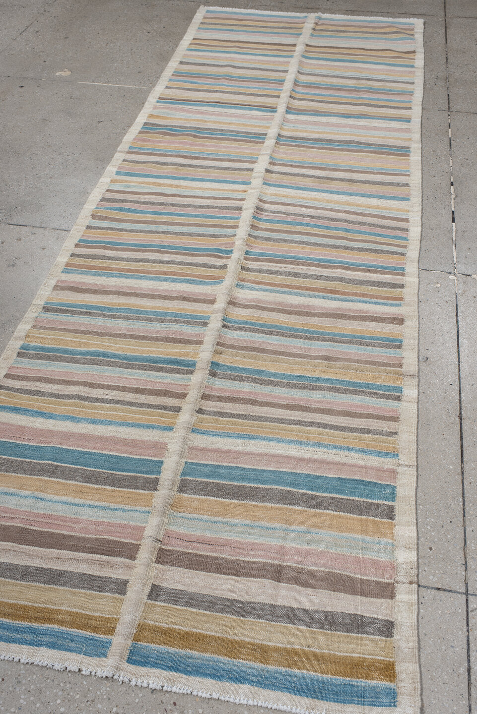 3' x 10' one-of-a-kind handmade vintage Kilim runner rug. Color palette: ivory, taupe, sky_blue, blush, gold, charcoal