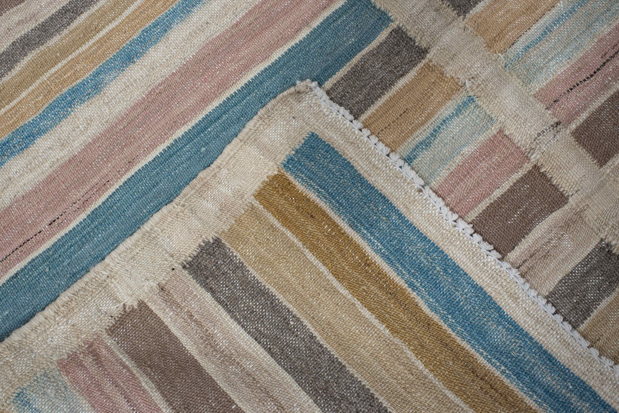 3' x 10' one-of-a-kind handmade vintage Kilim runner rug. Color palette: blue, brown, dark gray, gray, light gray, off-white