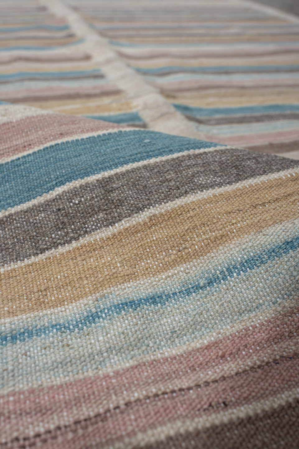 3' x 10' one-of-a-kind handmade vintage Kilim runner rug. Color palette: blue, brown, dark gray, gray, light gray, off-white