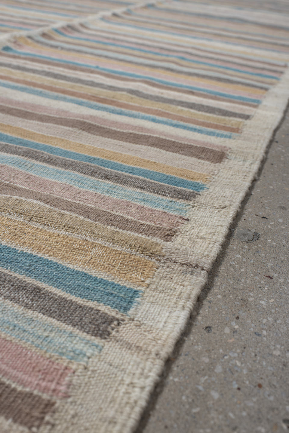 3' x 10' one-of-a-kind handmade vintage Kilim runner rug. Color palette: ivory, taupe, sky_blue, blush, gold, charcoal