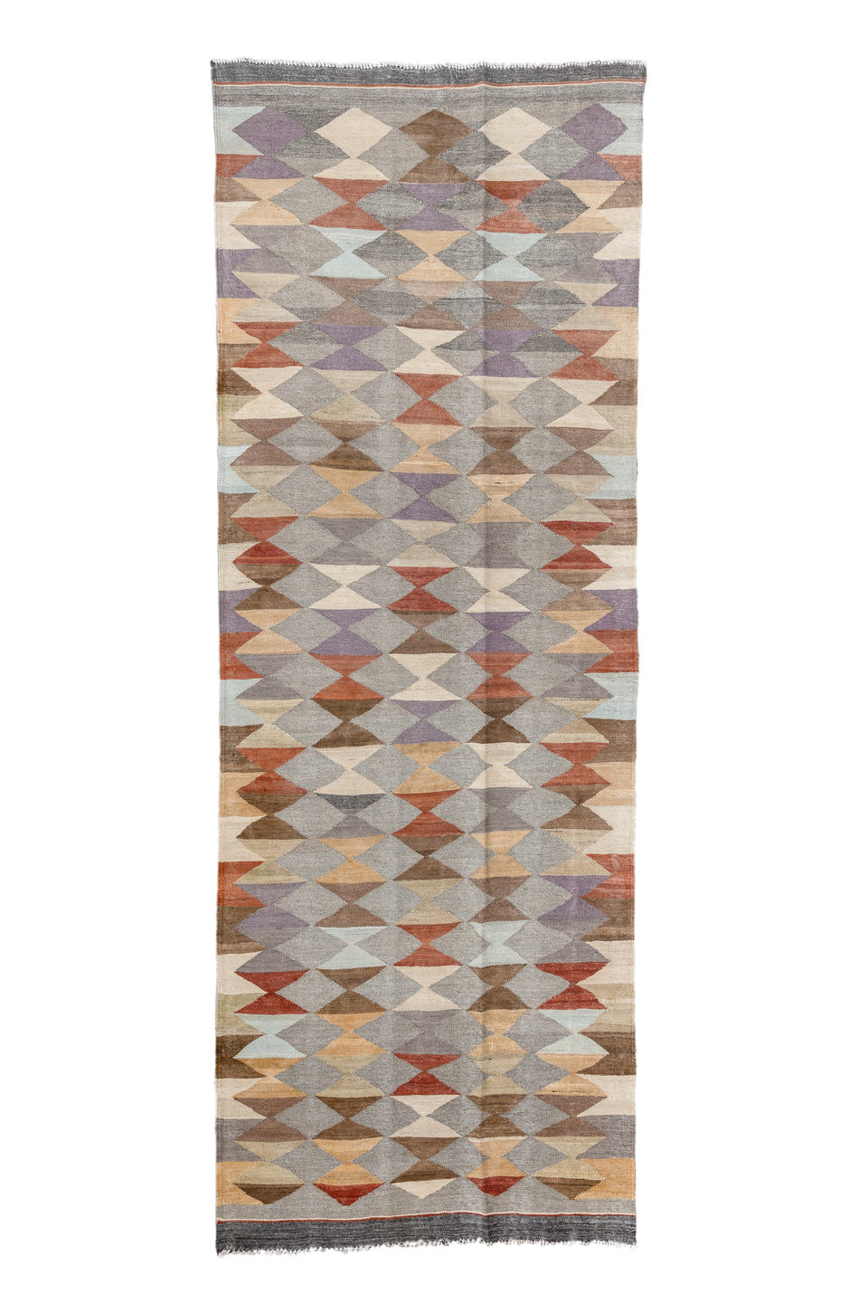 3' x 9' one-of-a-kind handmade vintage Kilim runner rug. Color palette: brown, dim gray, gray, light gray, off-white, orange