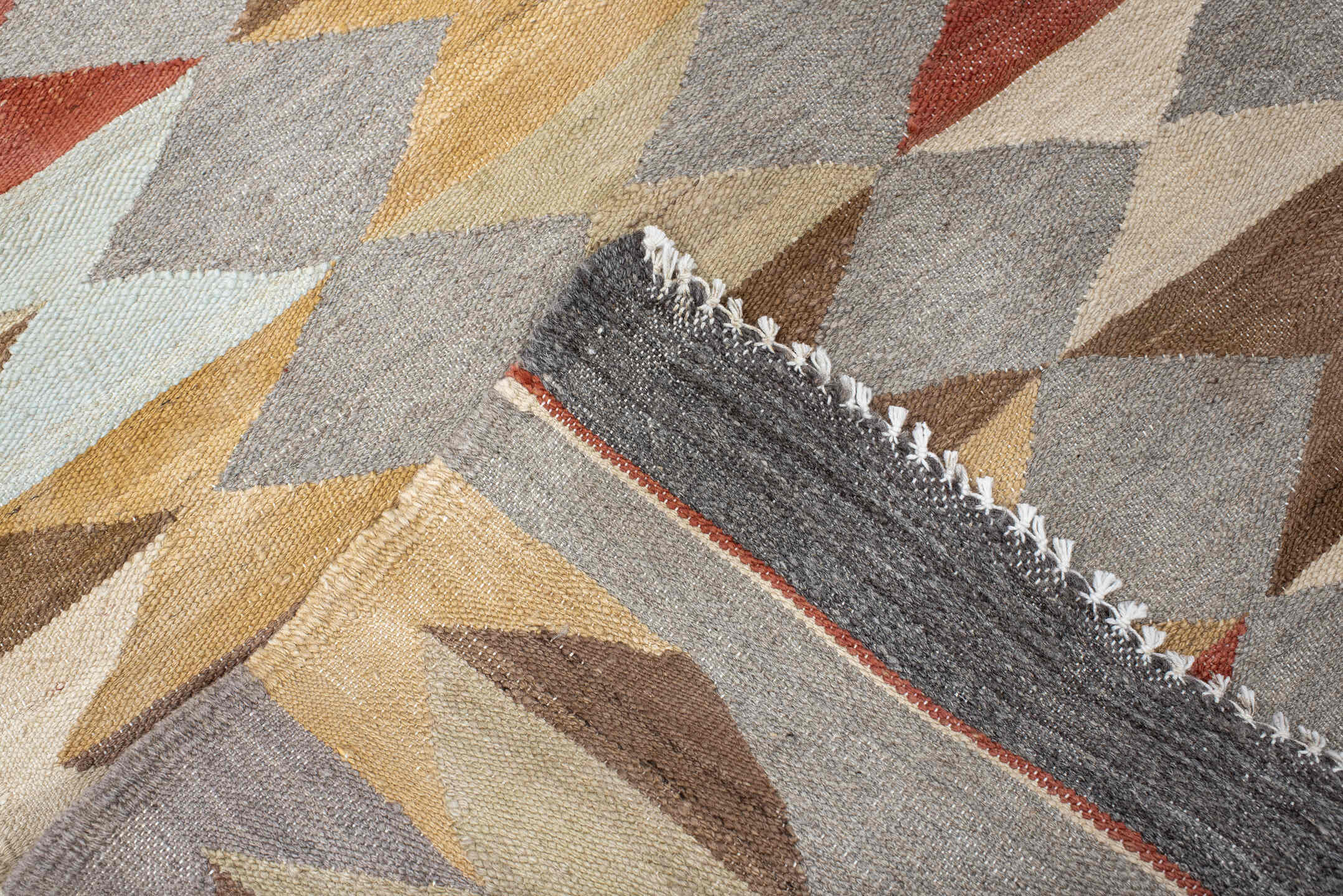 3' x 9' one-of-a-kind handmade vintage Kilim runner rug. Color palette: brown, dim gray, gray, light gray, off-white, orange