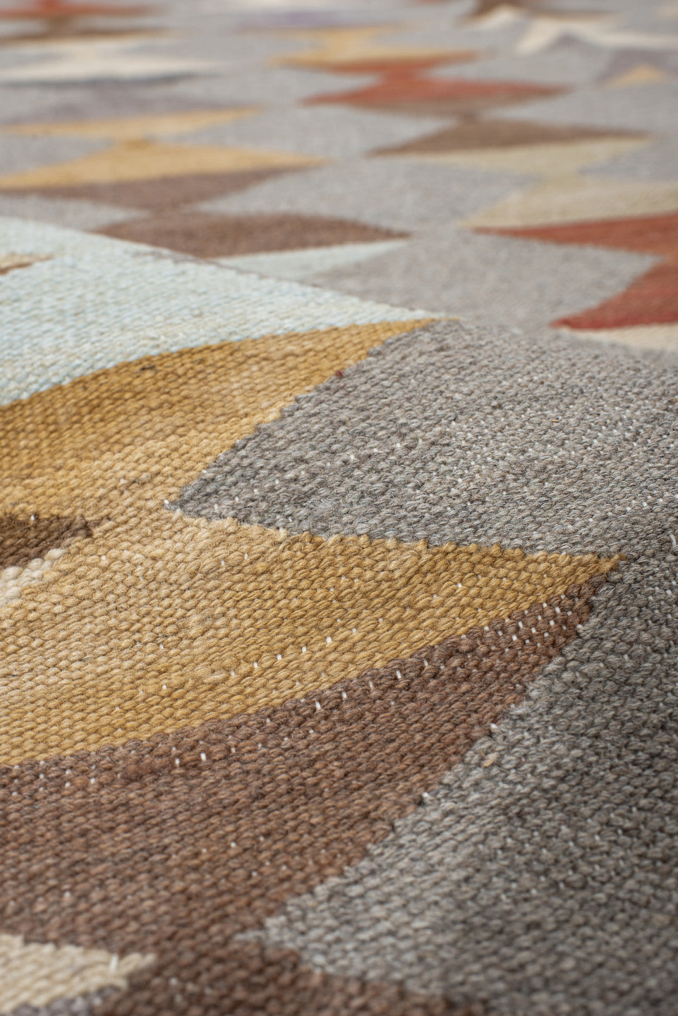 3' x 9' one-of-a-kind handmade vintage Kilim runner rug. Color palette: brown, dim gray, gray, light gray, off-white, orange