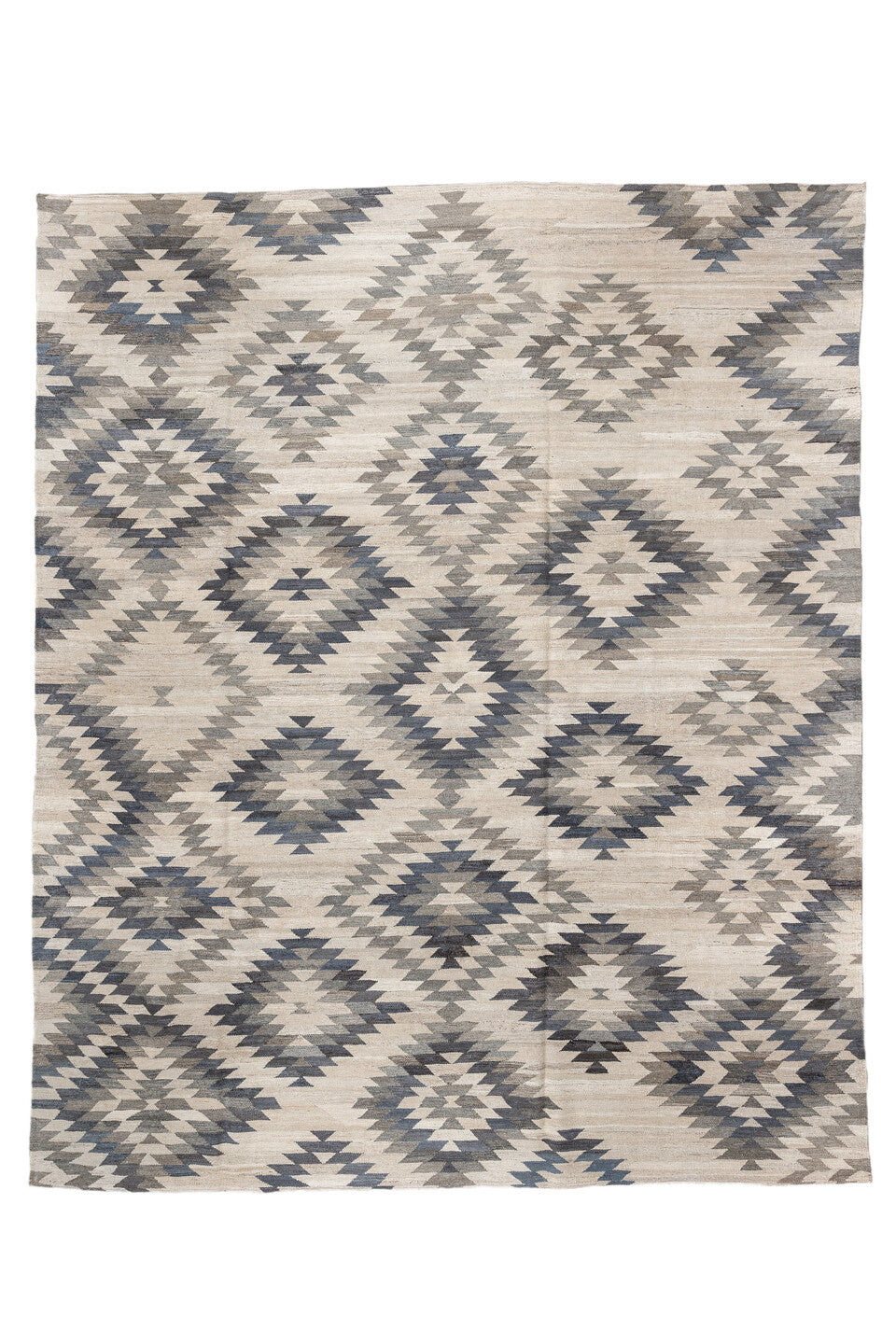 8' x 9' one-of-a-kind handmade vintage Kilim rug. Color palette: dim gray, gray, light gray, linen, off-white, pink