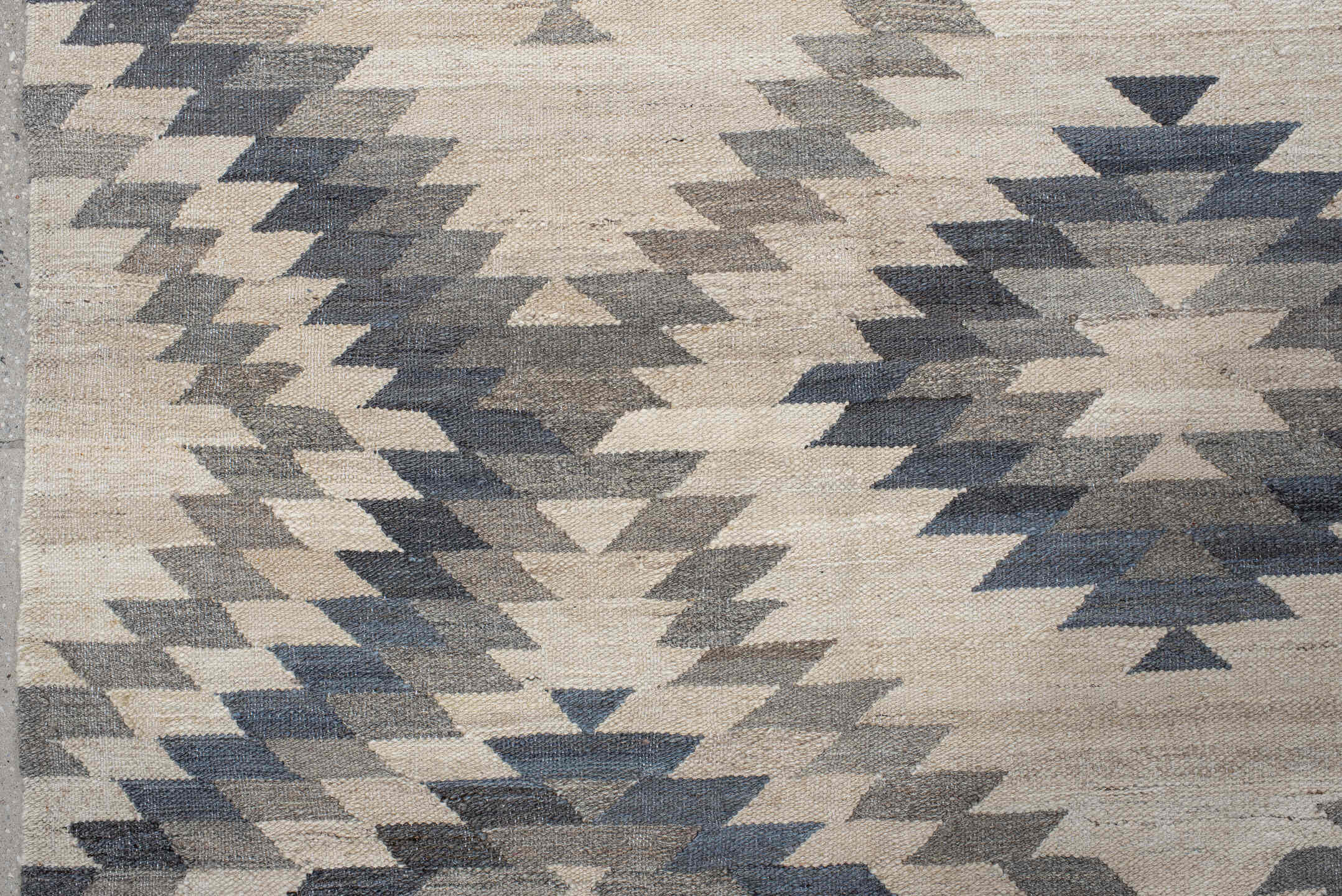 8' x 9' one-of-a-kind handmade vintage Kilim rug. Color palette: dim gray, gray, light gray, linen, off-white, pink