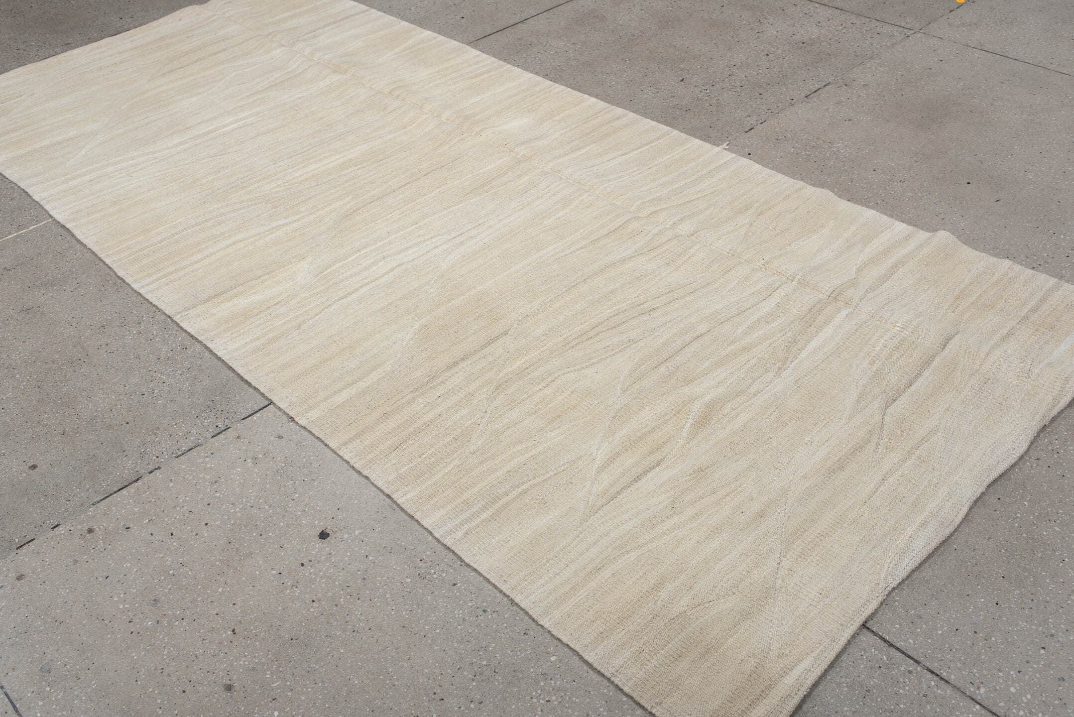 4' x 9' one-of-a-kind handmade vintage Kilim runner rug. Color palette: ivory, cream, beige, taupe, gray