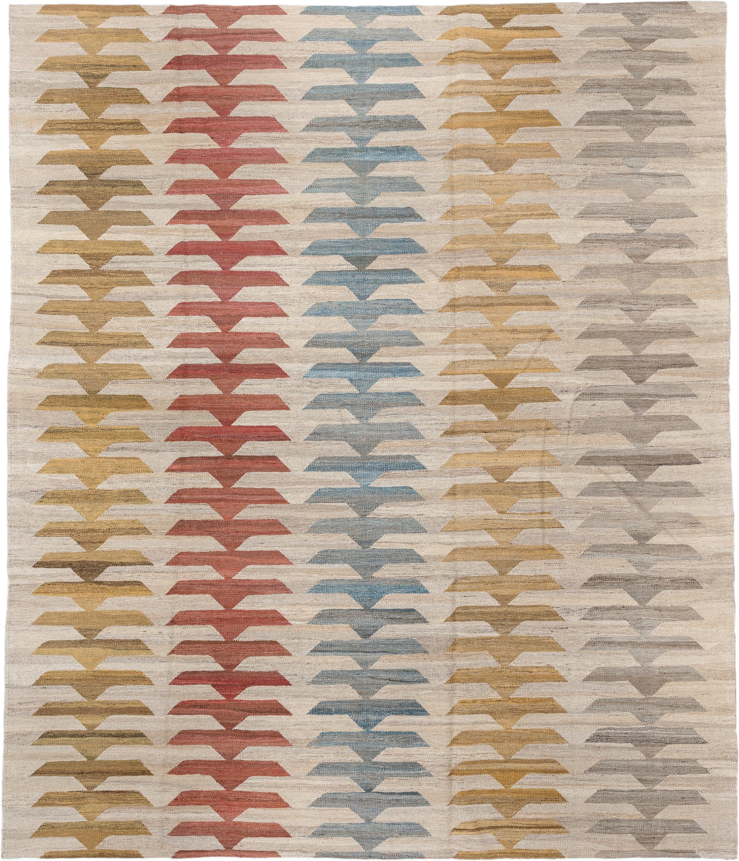 8' x 9' one-of-a-kind handmade vintage Kilim large size rug. Color palette: ivory, taupe, gold, rust, sky_blue, gray, beige