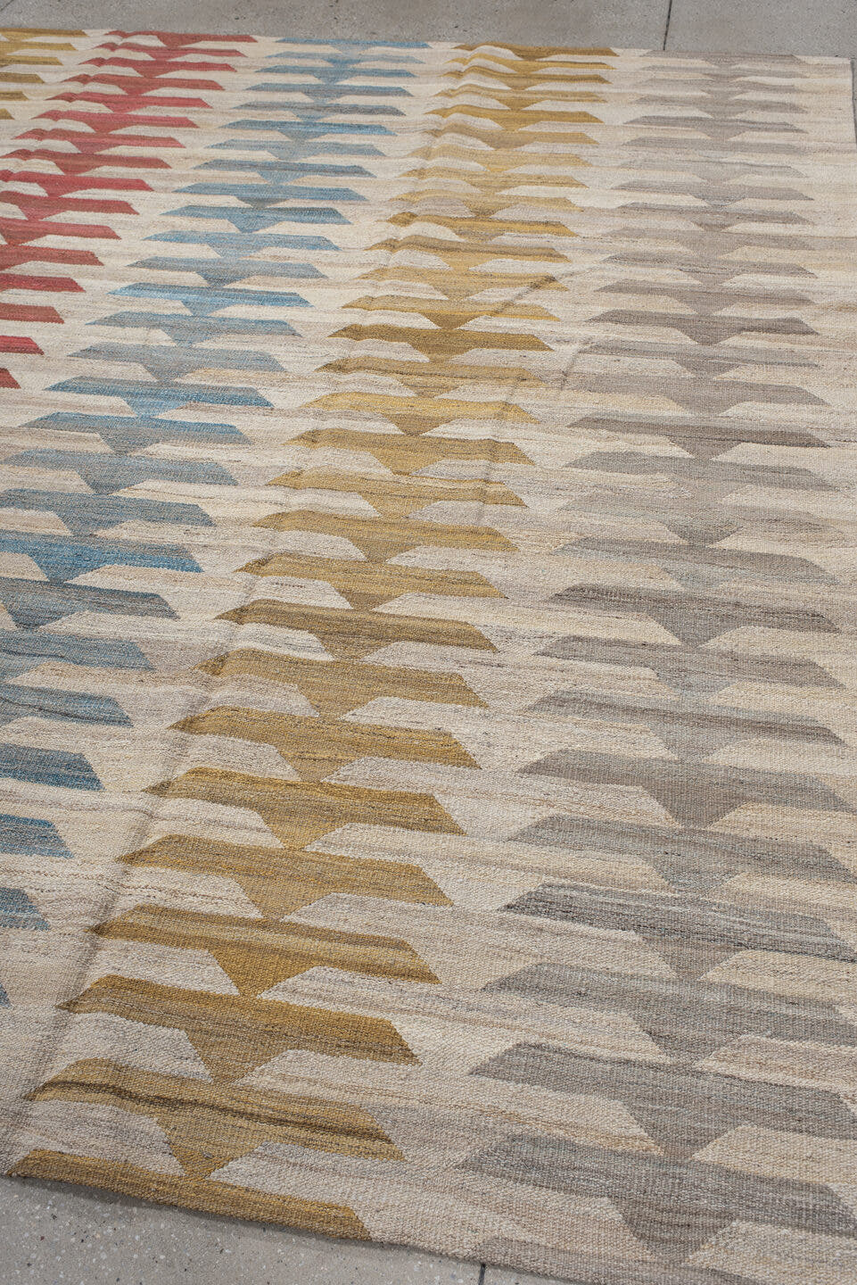 8' x 9' one-of-a-kind handmade vintage Kilim large size rug. Color palette: ivory, taupe, gold, rust, sky_blue, gray, beige