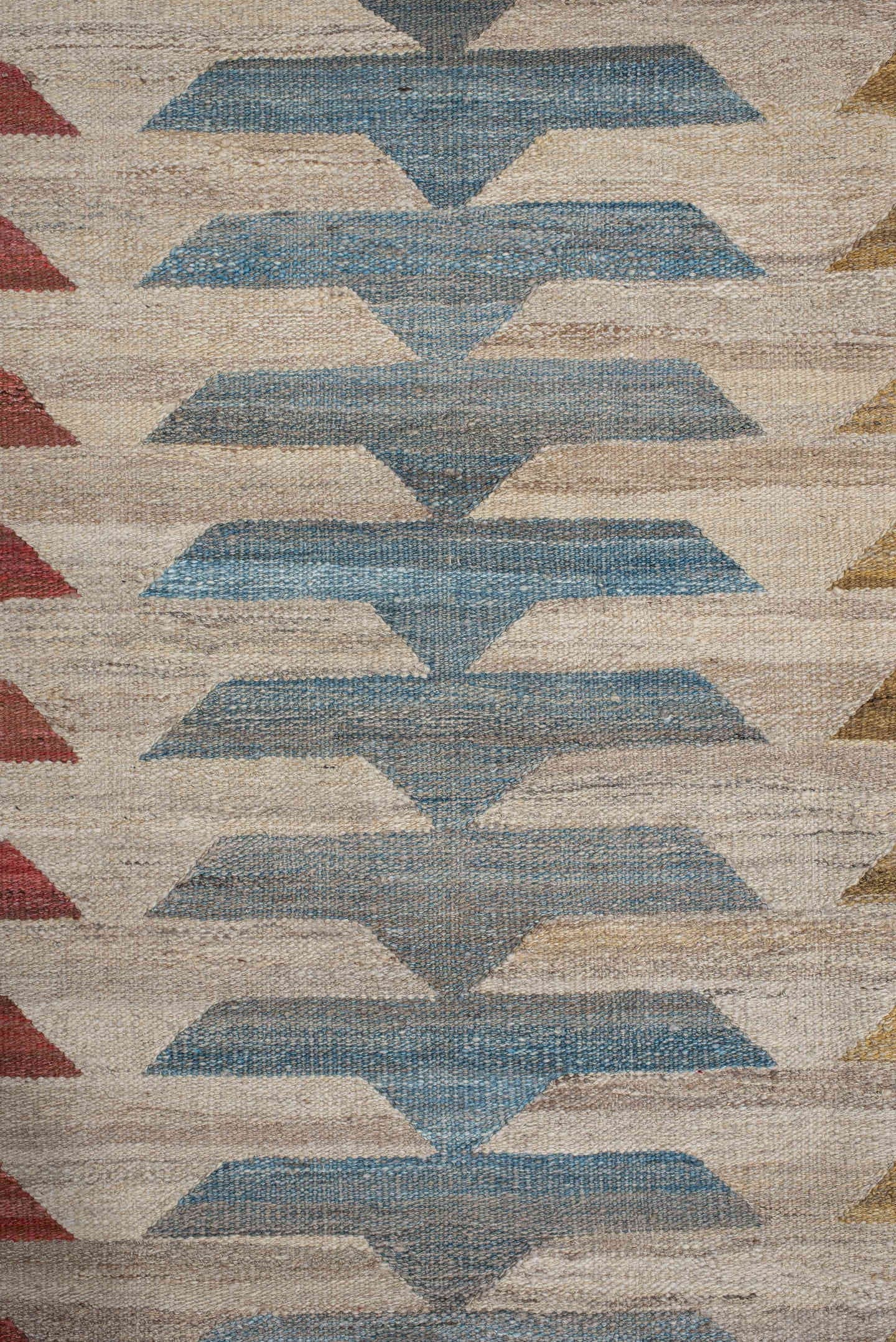 8' x 9' one-of-a-kind handmade vintage Kilim large size rug. Color palette: ivory, taupe, gold, rust, sky_blue, gray, beige