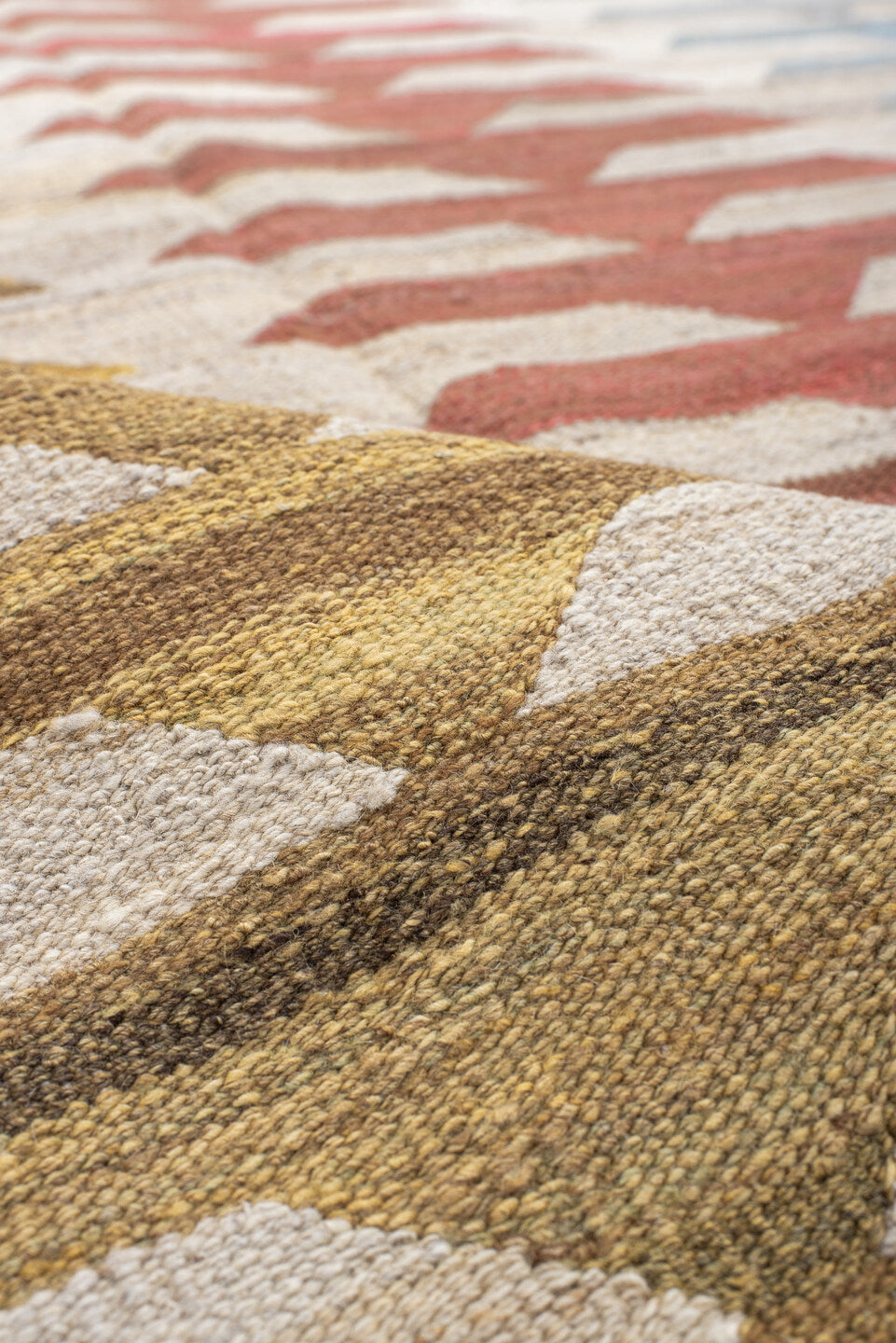 8' x 9' one-of-a-kind handmade vintage Kilim large size rug. Color palette: ivory, taupe, gold, rust, sky_blue, gray, beige