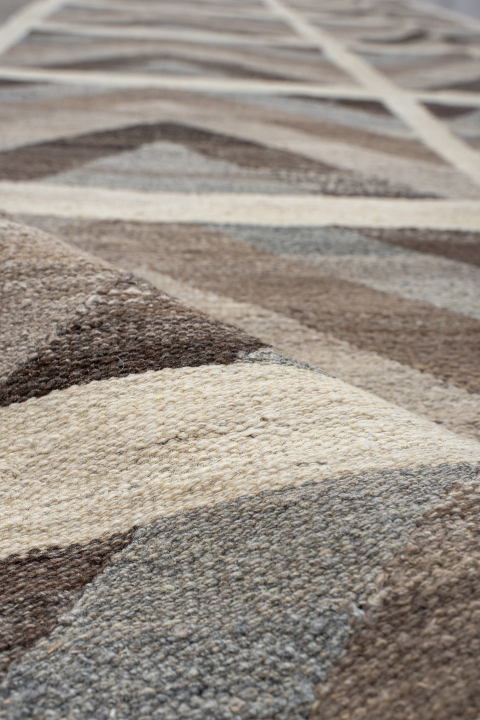 3' x 19' one-of-a-kind handmade vintage Kilim runner rug. Color palette: taupe, ivory, brown, gray, pale_blue, beige