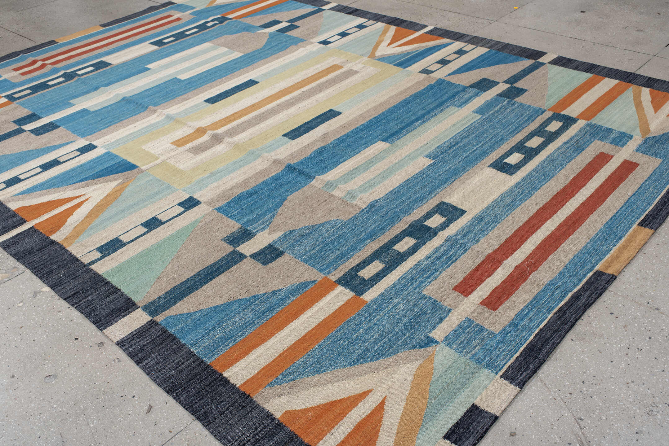 8' x 11' one-of-a-kind handmade vintage Kilim large size rug. Color palette: sky blue, ivory, slate, sand, orange