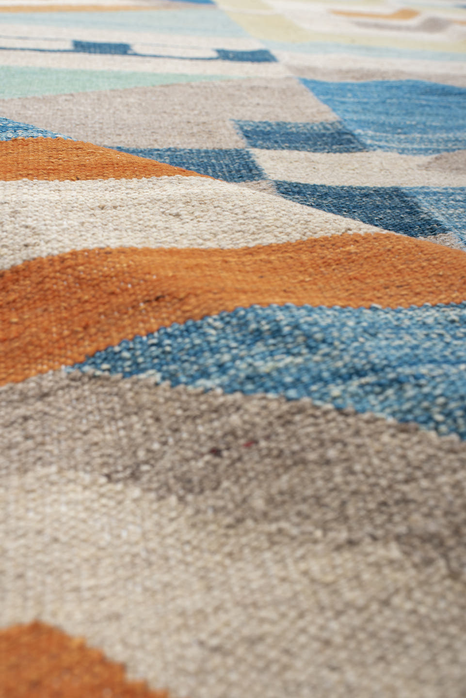 8' x 11' one-of-a-kind handmade vintage Kilim large size rug. Color palette: sky blue, ivory, slate, sand, orange
