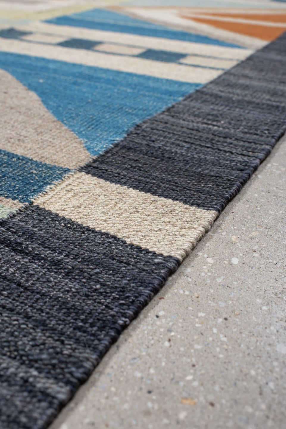 8' x 11' one-of-a-kind handmade vintage Kilim large size rug. Color palette: arapawa, blue, brown, dim gray, gray
