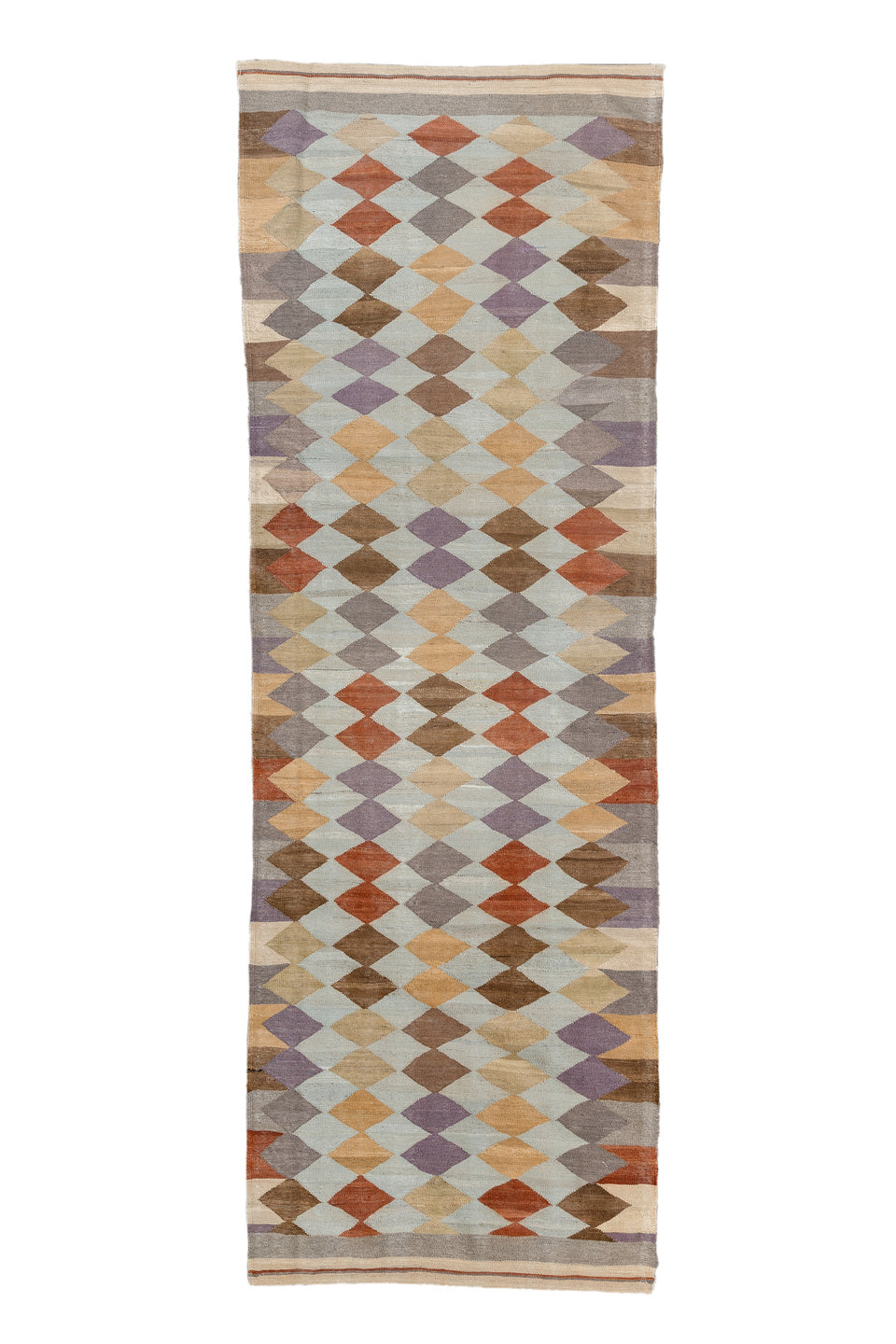 3' x 9' one-of-a-kind handmade vintage Kilim runner rug. Color palette: brown, gray, light gray, off-white, orange, pink