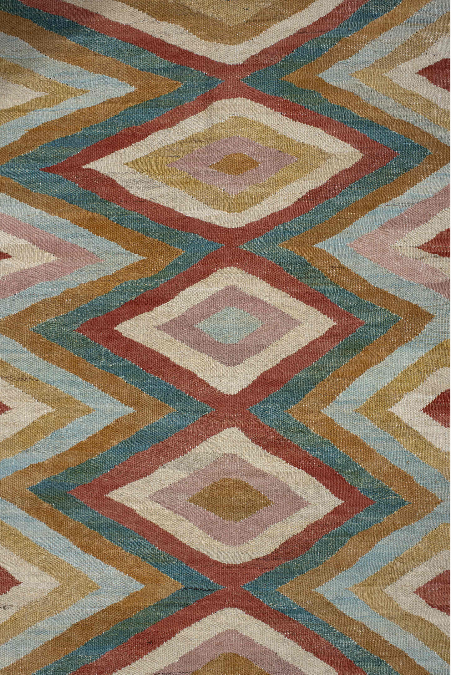 2' x 9' one-of-a-kind handmade vintage Kilim runner rug. Color palette: ivory, gold, rust, blush, teal, camel, pale blue