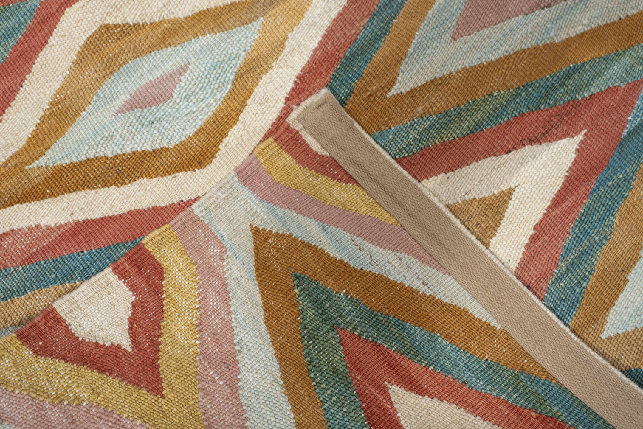 2' x 9' one-of-a-kind handmade vintage Kilim runner rug. Color palette: ivory, gold, rust, blush, teal, camel, pale blue