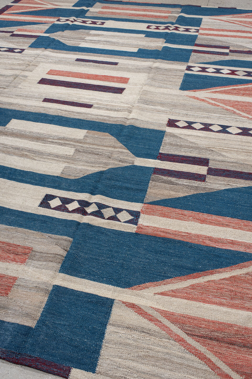 10' x 13' one-of-a-kind handmade vintage Kilim large size rug. Color palette: indigo, ivory, taupe, rust, burgundy, gray