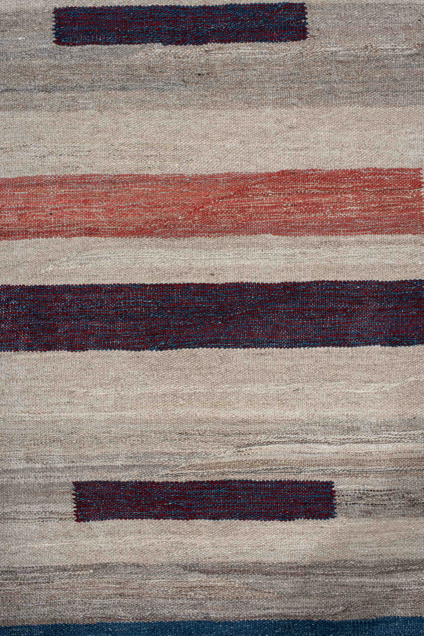 10' x 13' one-of-a-kind handmade vintage Kilim large size rug. Color palette: indigo, ivory, taupe, rust, burgundy, gray