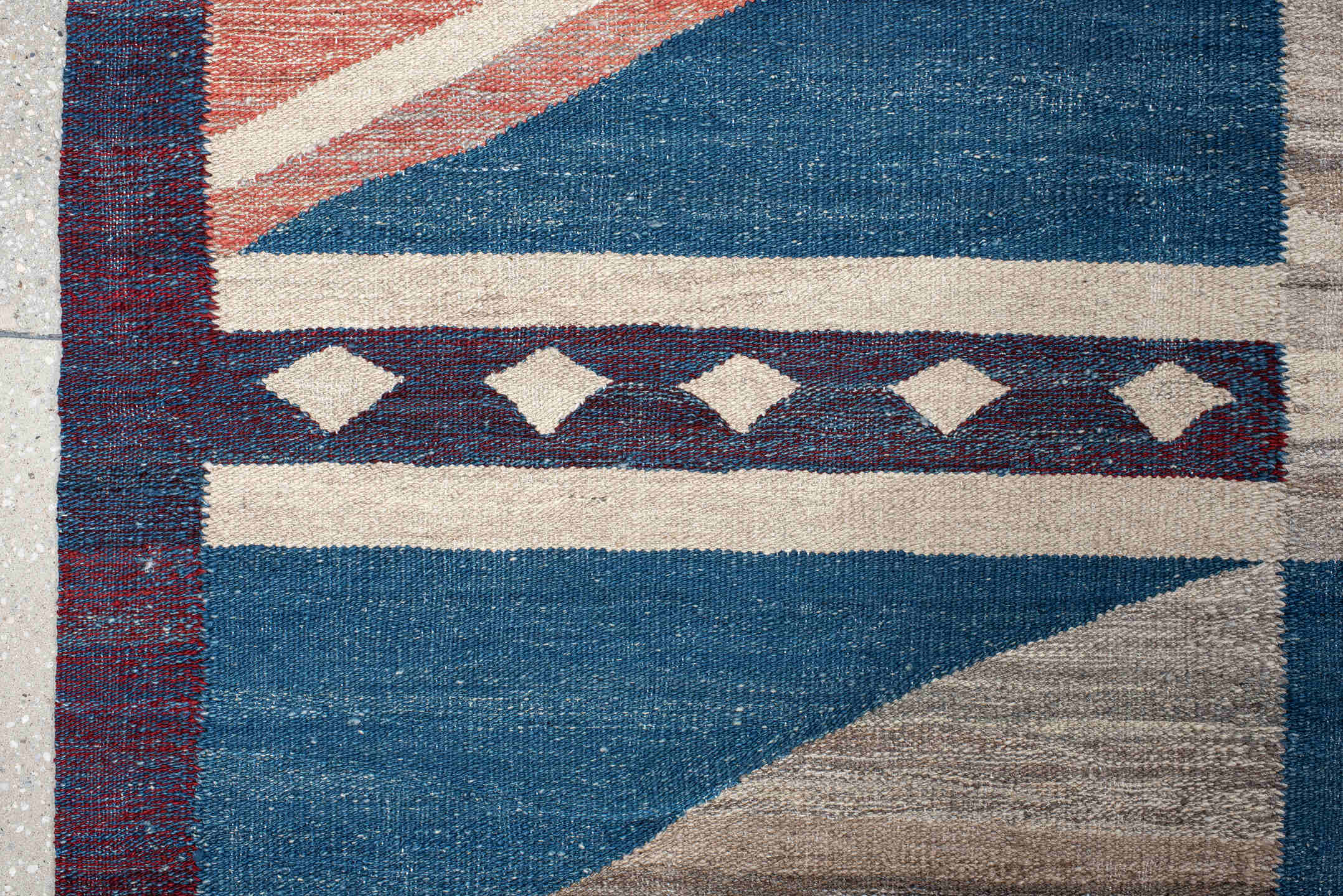 10' x 13' one-of-a-kind handmade vintage Kilim large size rug. Color palette: indigo, ivory, taupe, rust, burgundy, gray