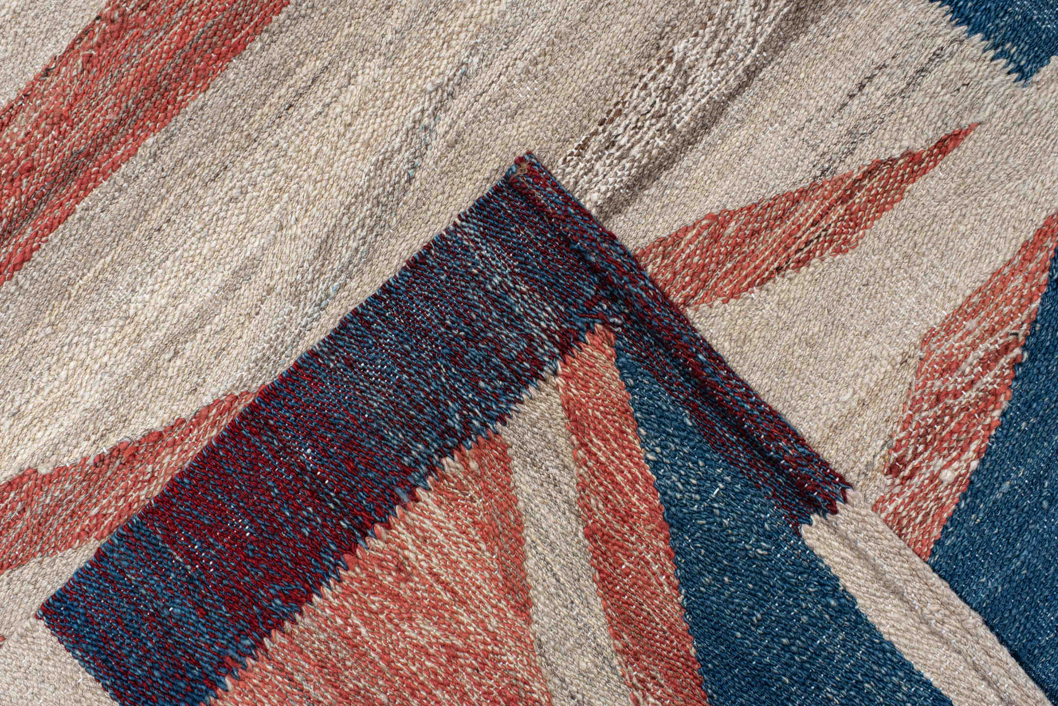 10' x 13' one-of-a-kind handmade vintage Kilim large size rug. Color palette: indigo, ivory, taupe, rust, burgundy, gray
