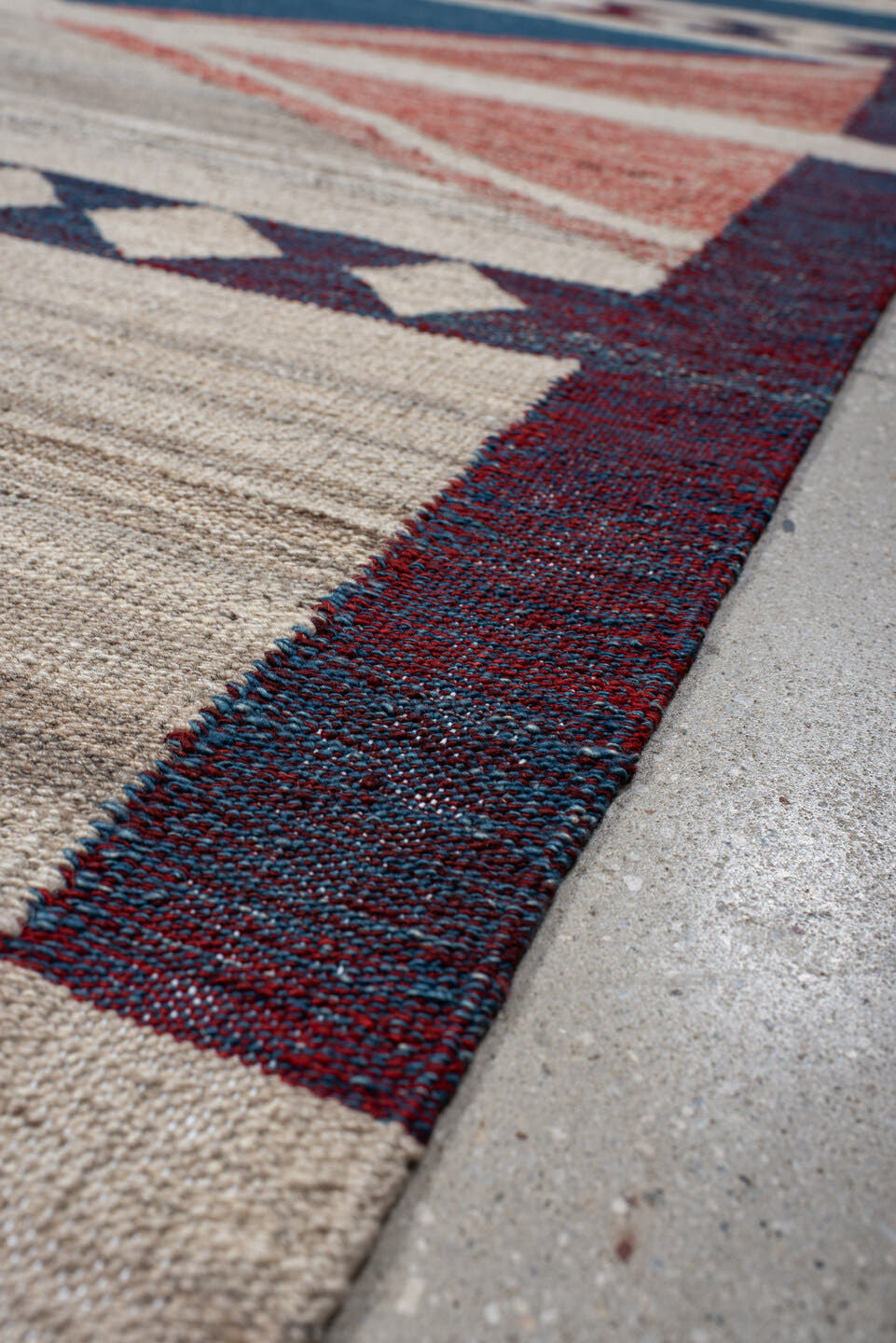10' x 13' one-of-a-kind handmade vintage Kilim large size rug. Color palette: indigo, ivory, taupe, rust, burgundy, gray