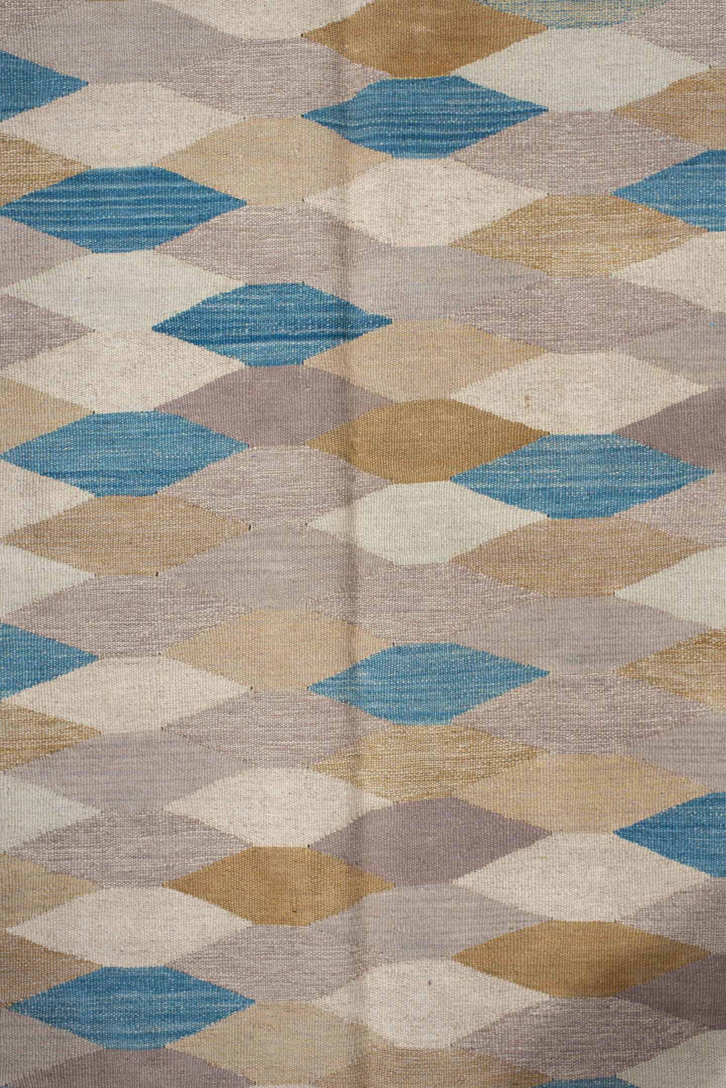 4' x 5' one-of-a-kind handmade vintage Kilim small size rug. Color palette: taupe, ivory, blue, camel, beige, mauve, gray