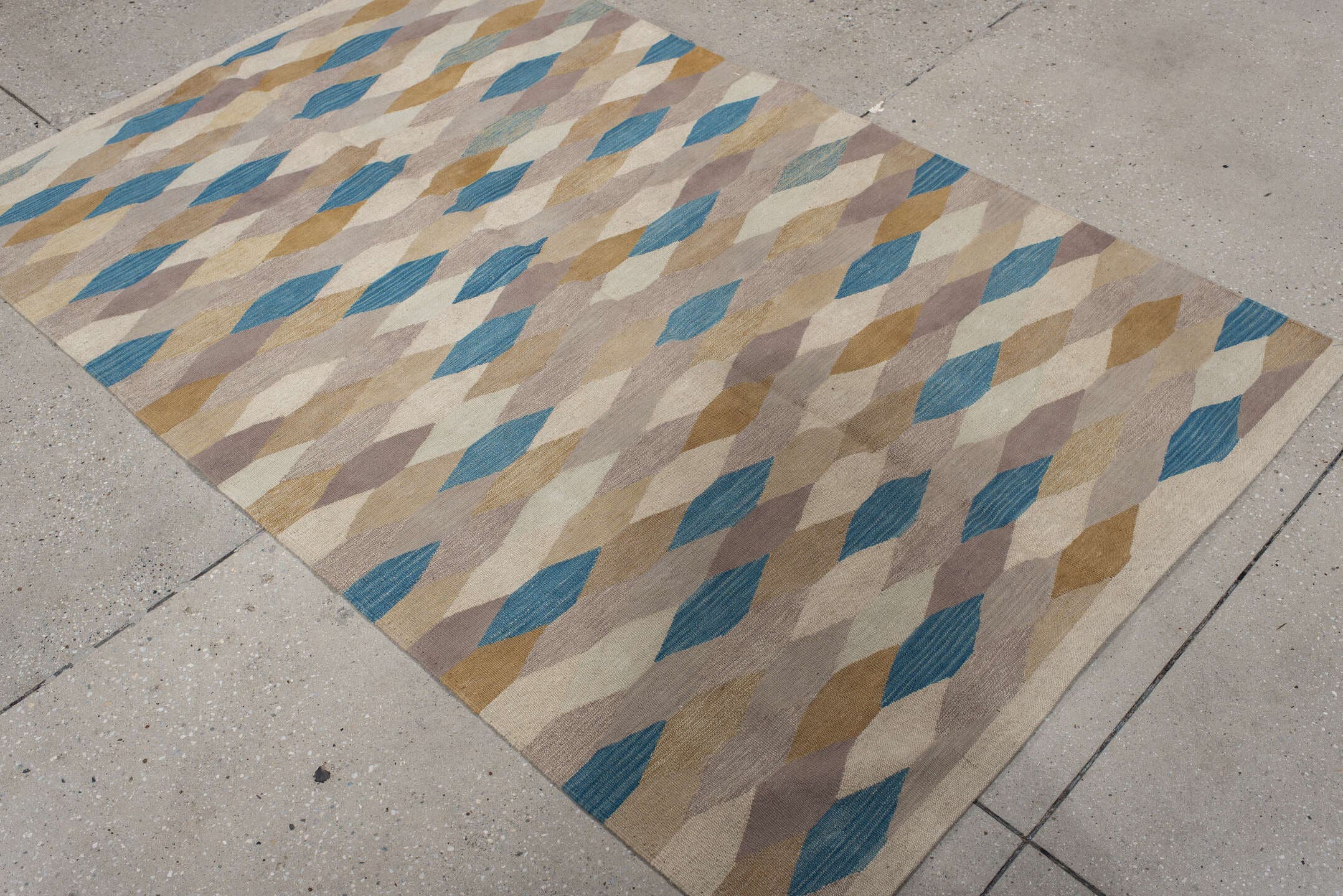 4' x 5' one-of-a-kind handmade vintage Kilim small size rug. Color palette: taupe, ivory, blue, camel, beige, mauve, gray