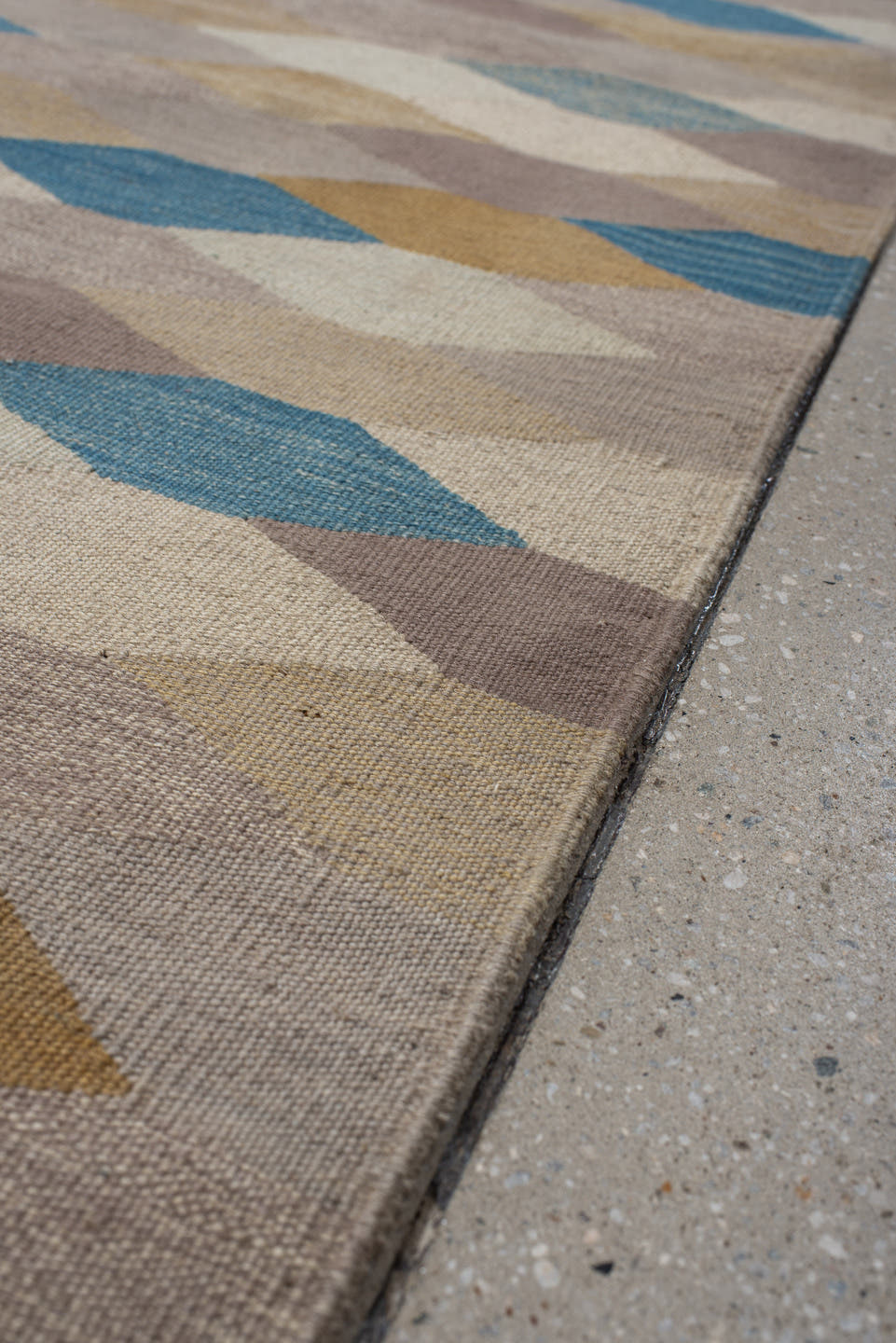 4' x 5' one-of-a-kind handmade vintage Kilim small size rug. Color palette: taupe, ivory, blue, camel, beige, mauve, gray