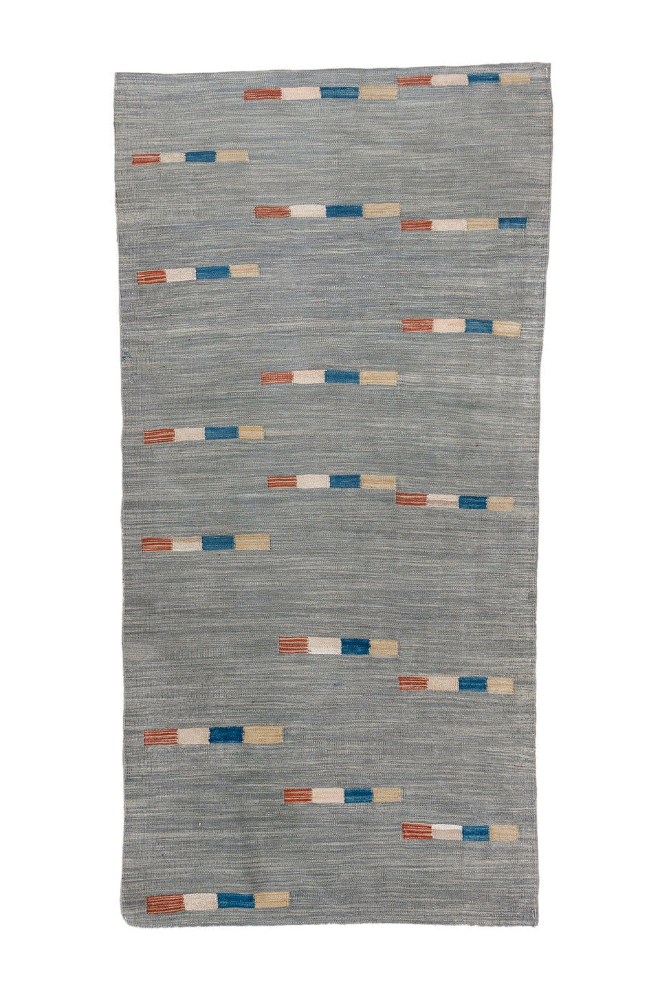 3' x 6' one-of-a-kind handmade vintage Kilim runner rug. Color palette: blue, brown, dark gray, dim gray, gray, light gray