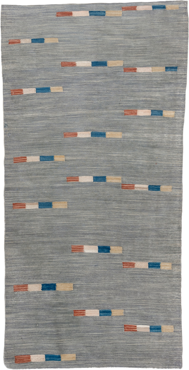 3' x 6' one-of-a-kind handmade vintage Kilim runner rug. Color palette: blue_gray, ivory, cobalt, rust, sand, gray, blue