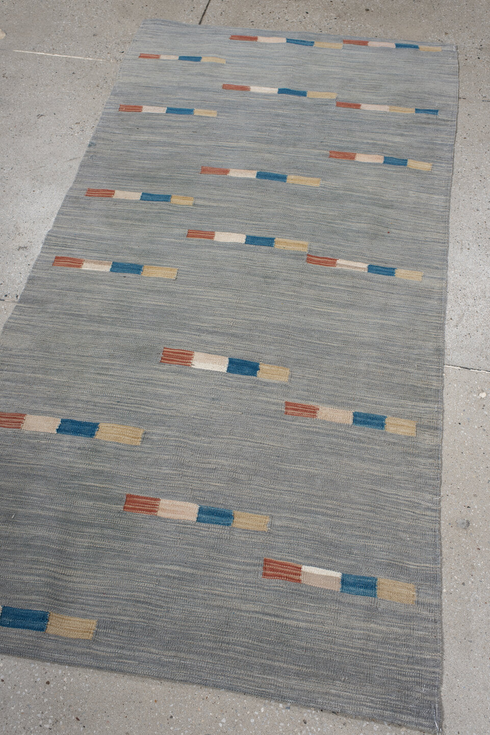 3' x 6' one-of-a-kind handmade vintage Kilim runner rug. Color palette: blue_gray, ivory, cobalt, rust, sand, gray, blue