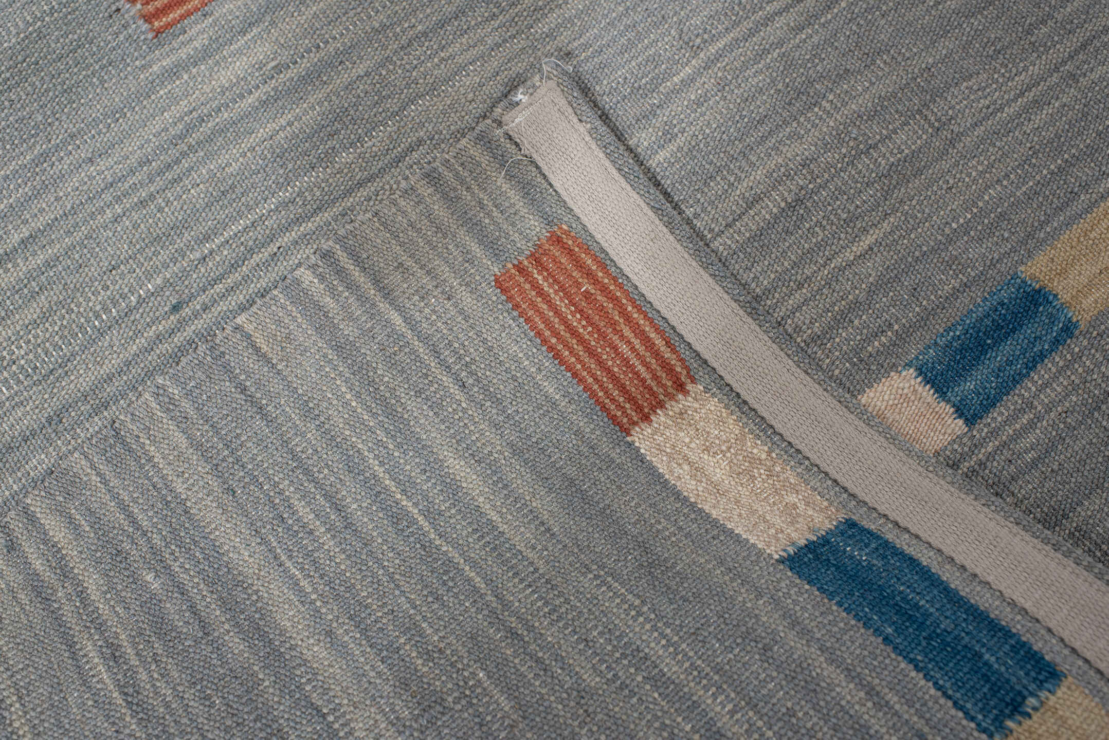 3' x 6' one-of-a-kind handmade vintage Kilim runner rug. Color palette: blue_gray, ivory, cobalt, rust, sand, gray, blue