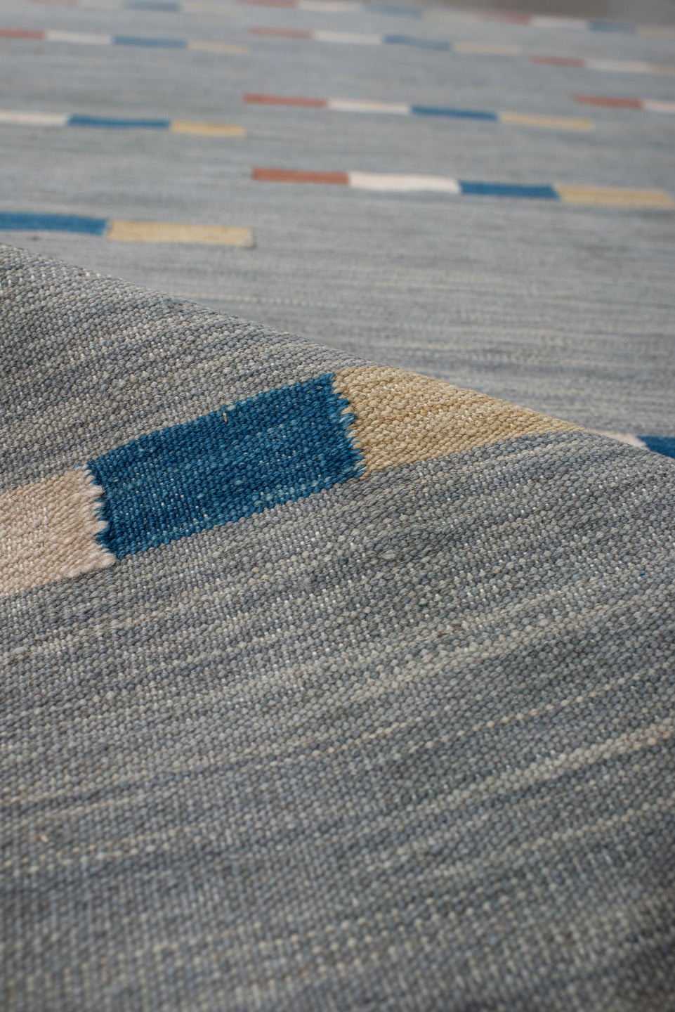 3' x 6' one-of-a-kind handmade vintage Kilim runner rug. Color palette: blue, brown, dark gray, dim gray, gray, light gray