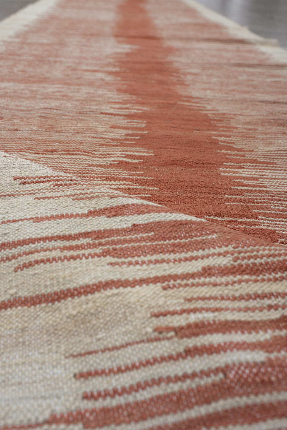 2' x 12' one-of-a-kind handmade vintage Kilim runner rug. Color palette: ivory, terra cotta, cream, terracotta, brown