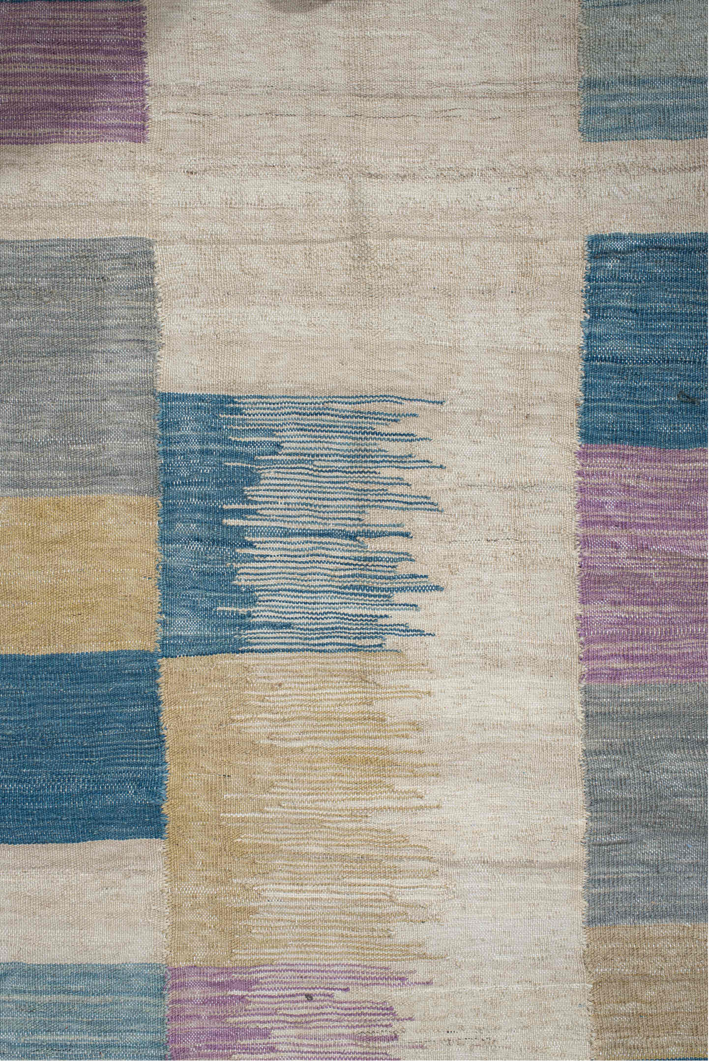 2' x 9' one-of-a-kind handmade vintage Kilim runner rug. Color palette: ivory, teal, lavender, light blue, gray, sand