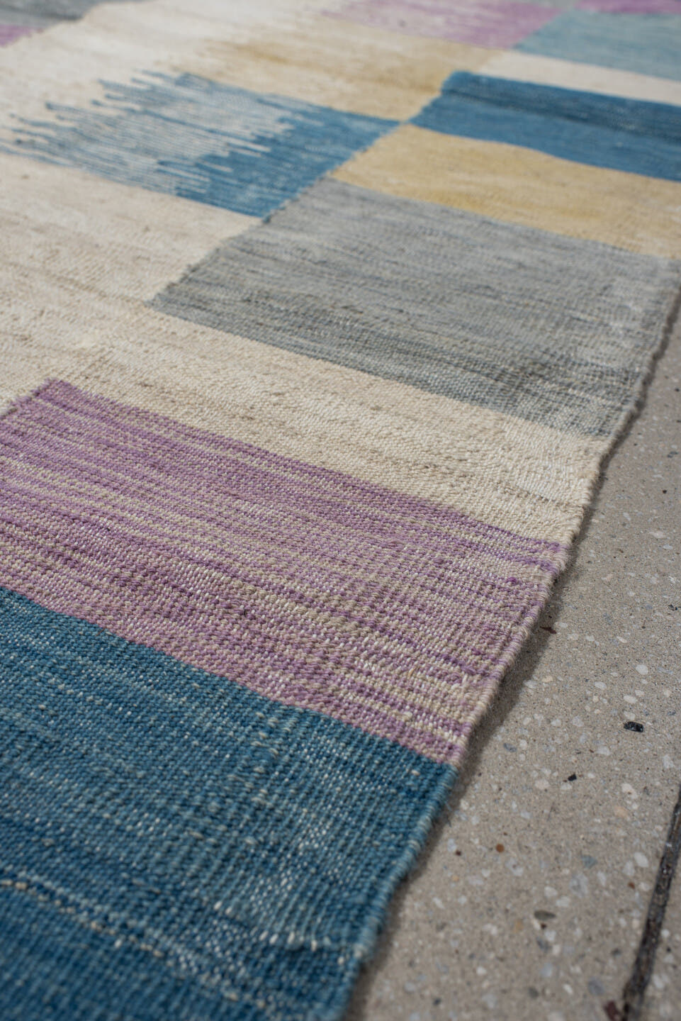 2' x 9' one-of-a-kind handmade vintage Kilim runner rug. Color palette: ivory, teal, lavender, light blue, gray, sand