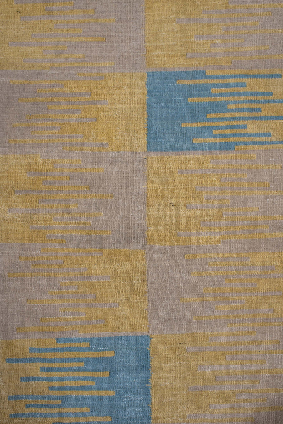 2' x 7' one-of-a-kind handmade vintage Kilim runner rug. Color palette: sand, pale gold, sky blue, ivory, beige, gold
