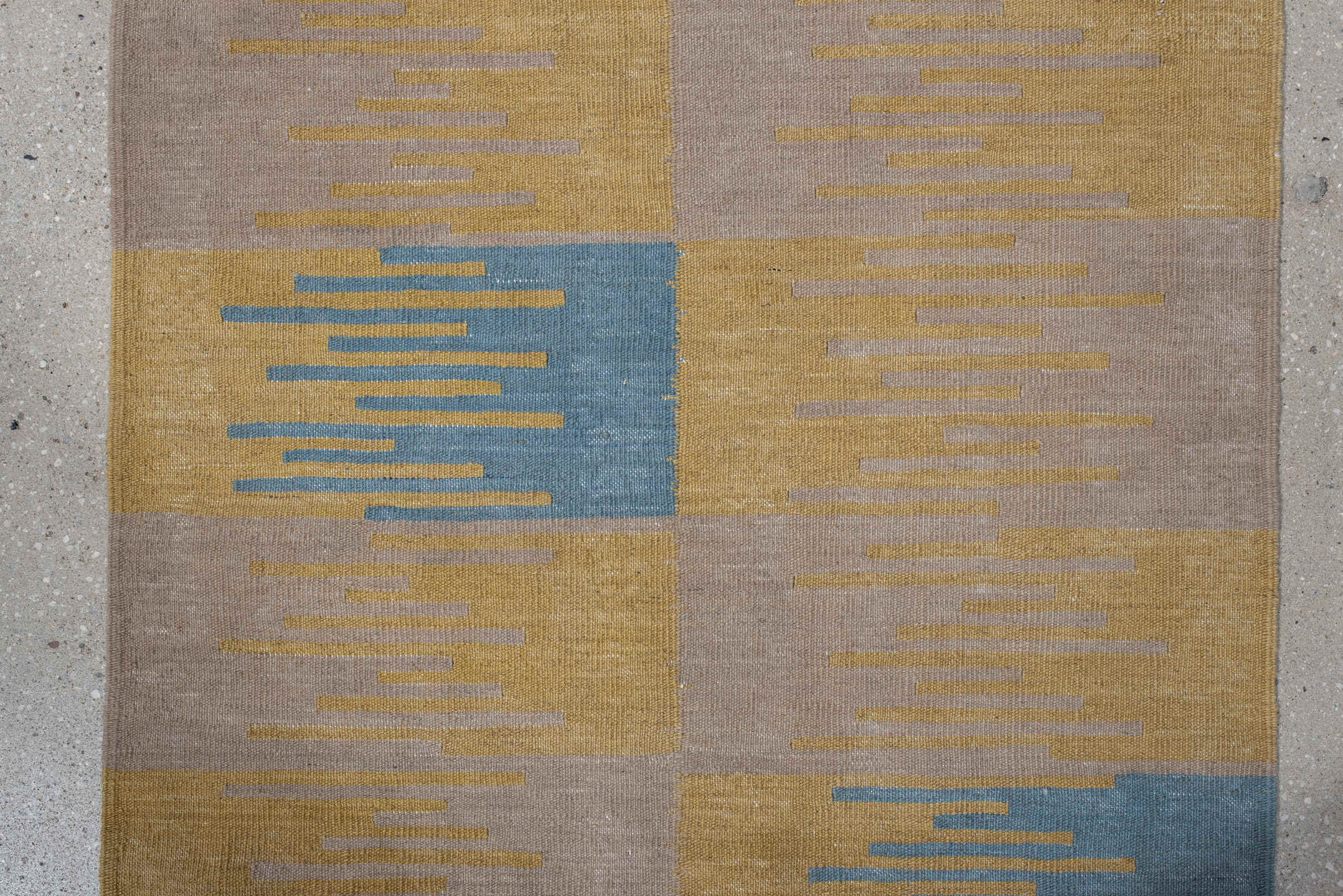 2' x 7' one-of-a-kind handmade vintage Kilim runner rug. Color palette: sand, pale gold, sky blue, ivory, beige, gold