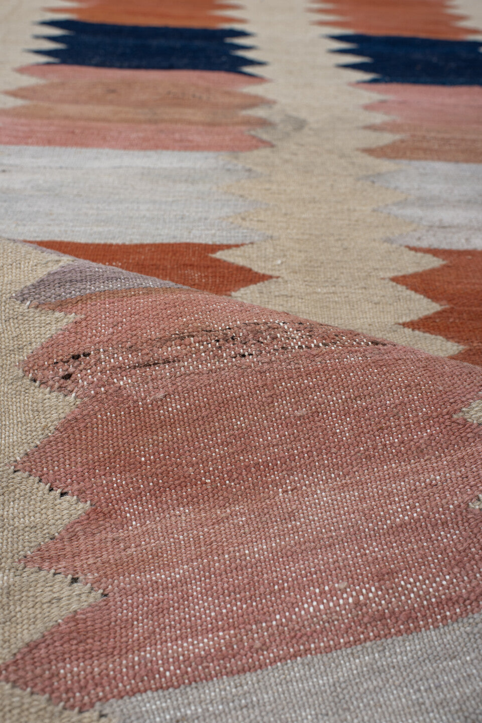 2' x 8' one-of-a-kind handmade vintage Kilim runner rug. Color palette: ivory, rust, navy, blush, light gray, taupe