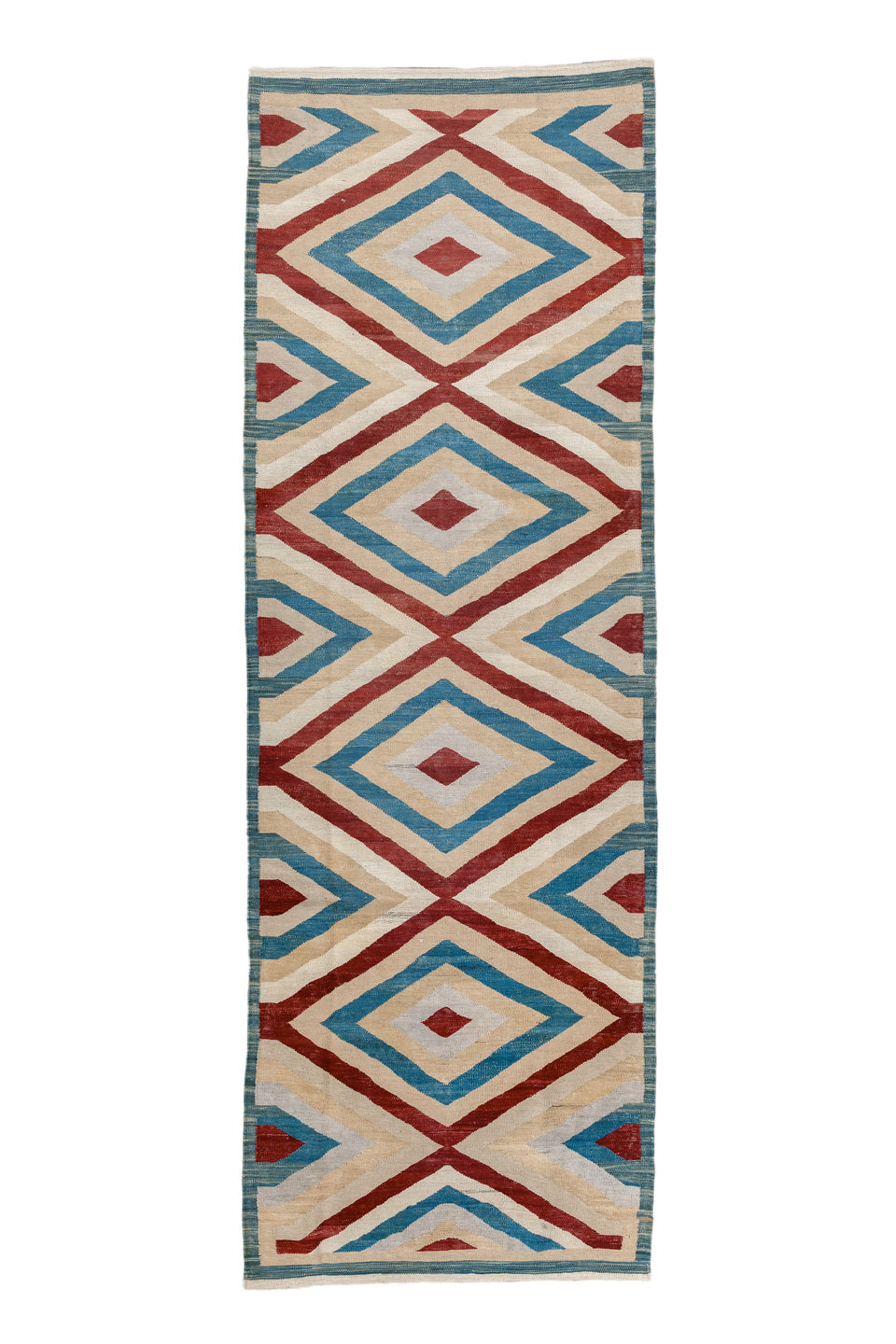 3' x 9' one-of-a-kind handmade vintage Kilim runner rug. Color palette: blue, brown, gray, light gray, off-white, orange