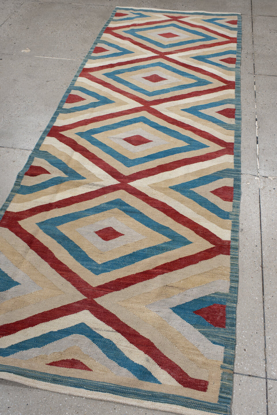 3' x 9' one-of-a-kind handmade vintage Kilim runner rug. Color palette: ivory, sky blue, rust, camel, light gray, light blue