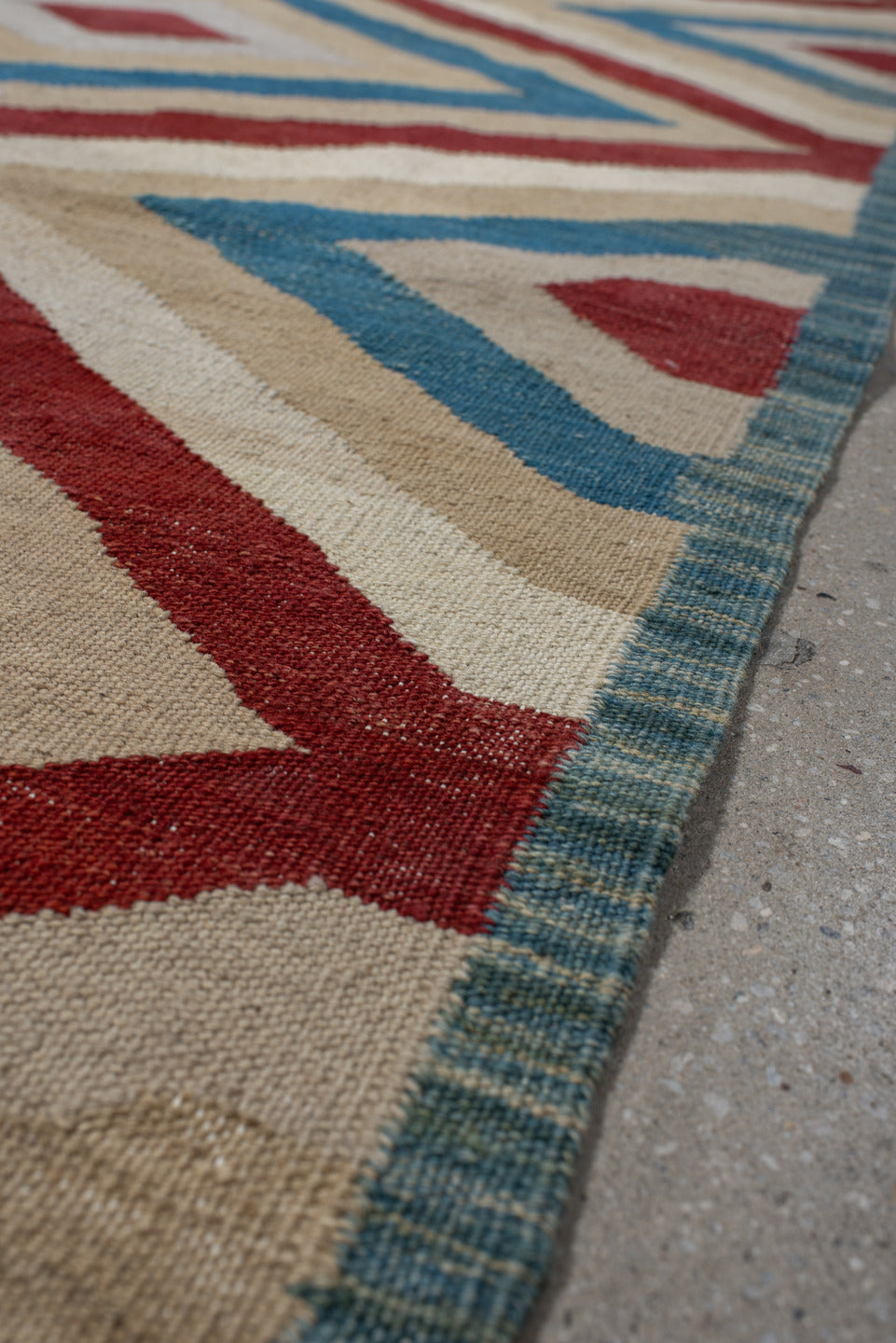3' x 9' one-of-a-kind handmade vintage Kilim runner rug. Color palette: blue, brown, gray, light gray, off-white, orange