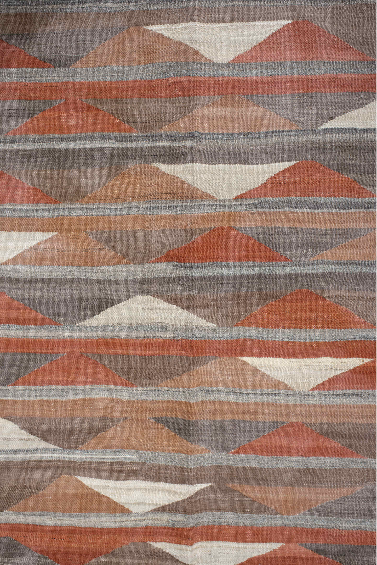 3' x 9' one-of-a-kind handmade vintage Kilim runner rug. Color palette: taupe, rust, terra cotta, gray, ivory, peach, beige