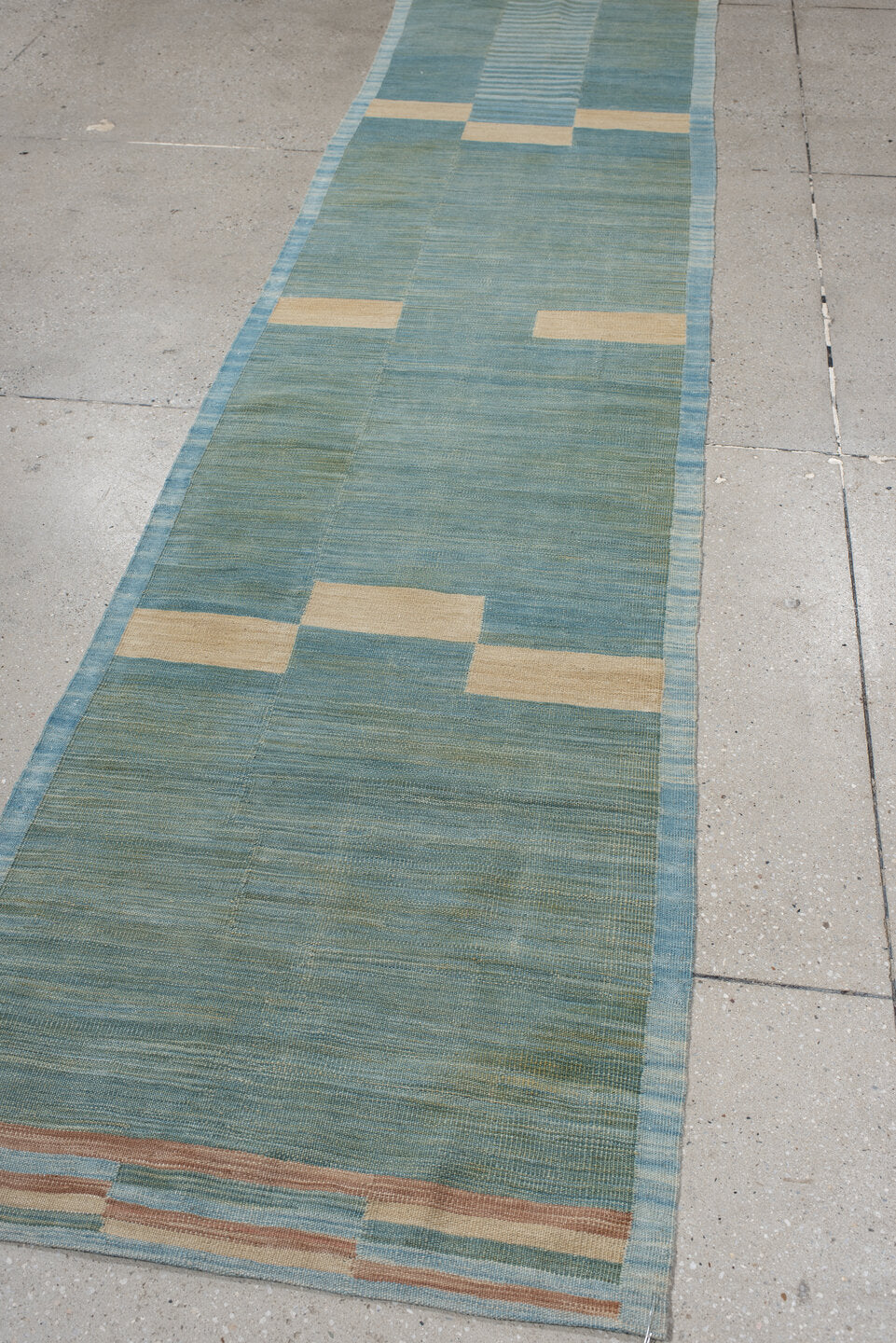 2' x 7' one-of-a-kind handmade vintage Kilim runner rug. Color palette: aqua, ivory, blush, sky blue, sage, teal, pink