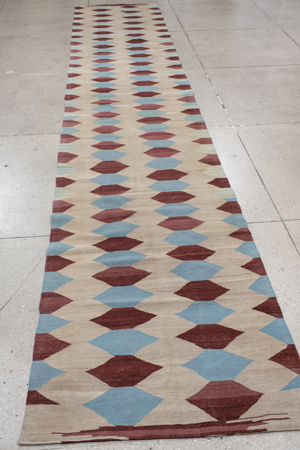 2' x 15' one-of-a-kind handmade vintage Kilim runner rug. Color palette: ivory, burgundy, sky_blue, taupe, light blue, beige