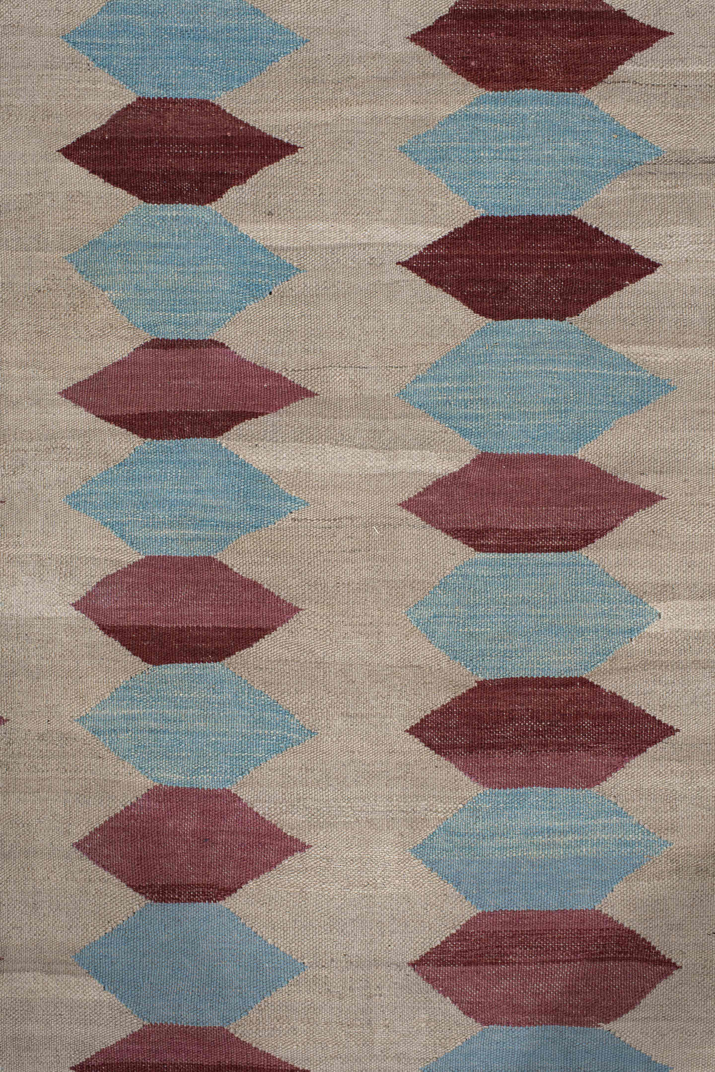 2' x 15' one-of-a-kind handmade vintage Kilim runner rug. Color palette: ivory, burgundy, sky_blue, taupe, light blue, beige